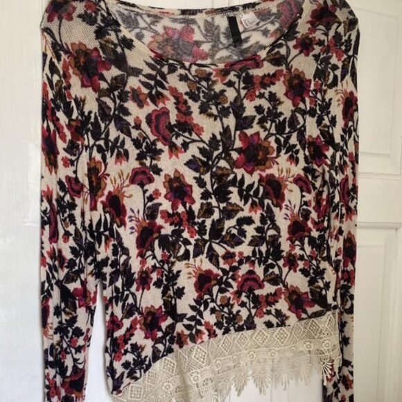 Cropped lace edged Autumn colours lightweight stretch sweater Sz M-L VGUC - Picture 1 of 7